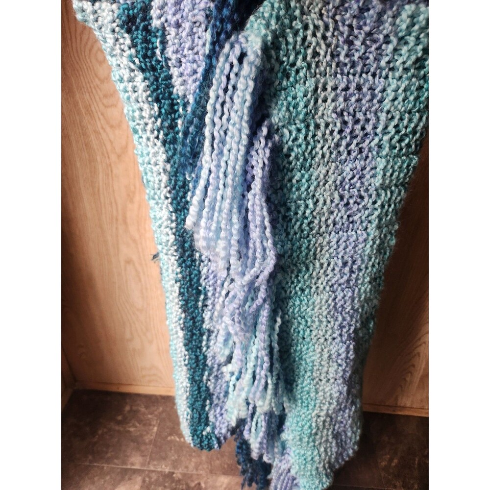 Soft Wide Handmade Scarf Crochet ~18x64 In. Multicolor Blue Stripes W/ Fringe - Picture 11 of 16